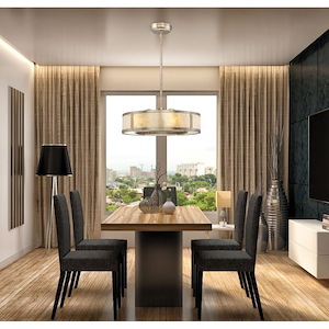 Modern 6-Light LED Fandelier in Silver Dust Finish with Large Drum-Shaped Shade 26 inches W x 8.5 inches H